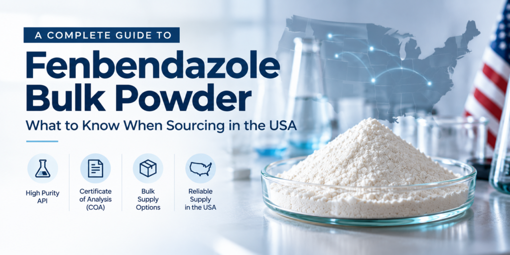 Fenbendazole bulk powder in a laboratory setting with USA sourcing information